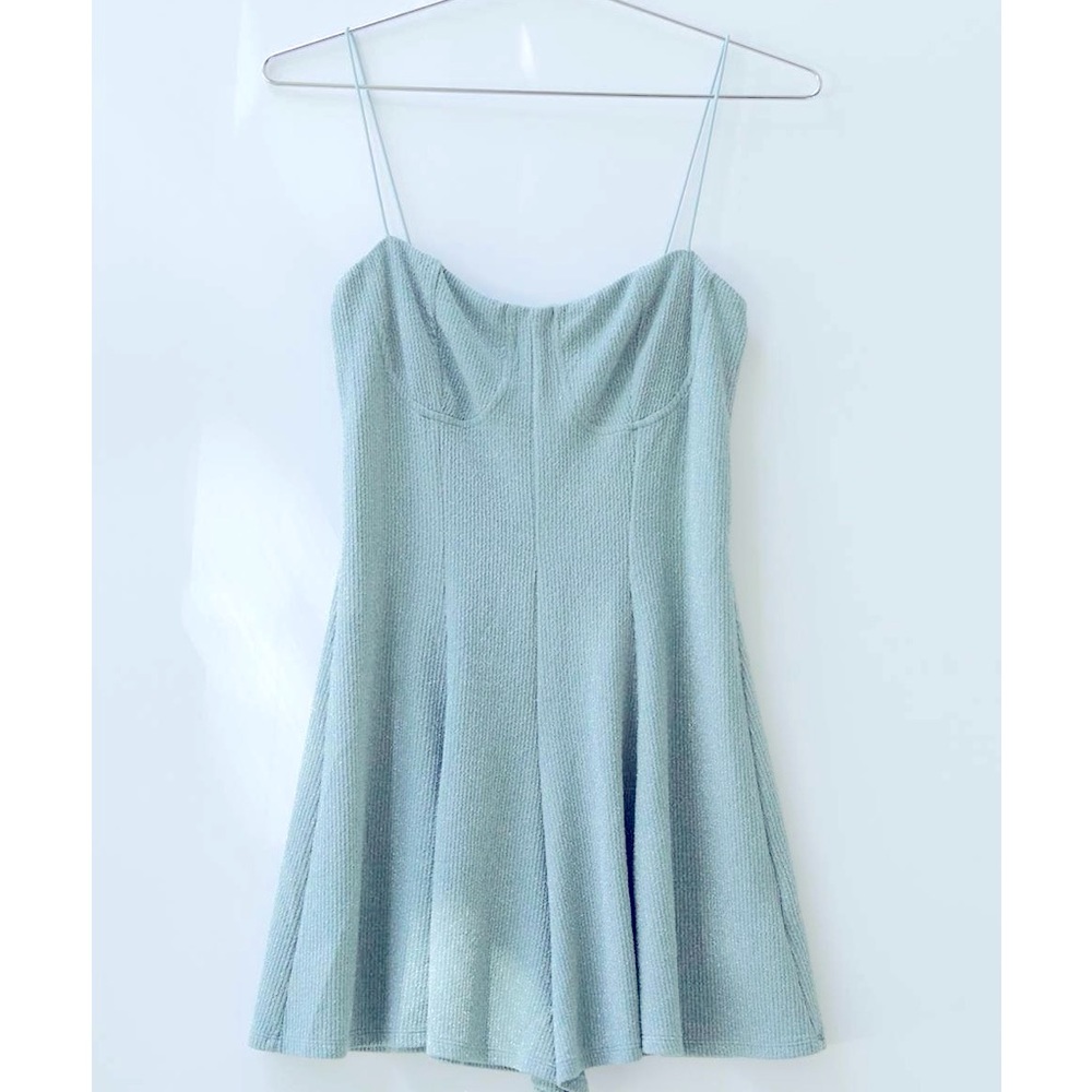 UO SPARKLE KNIT AQUA ROMPER IN XS
